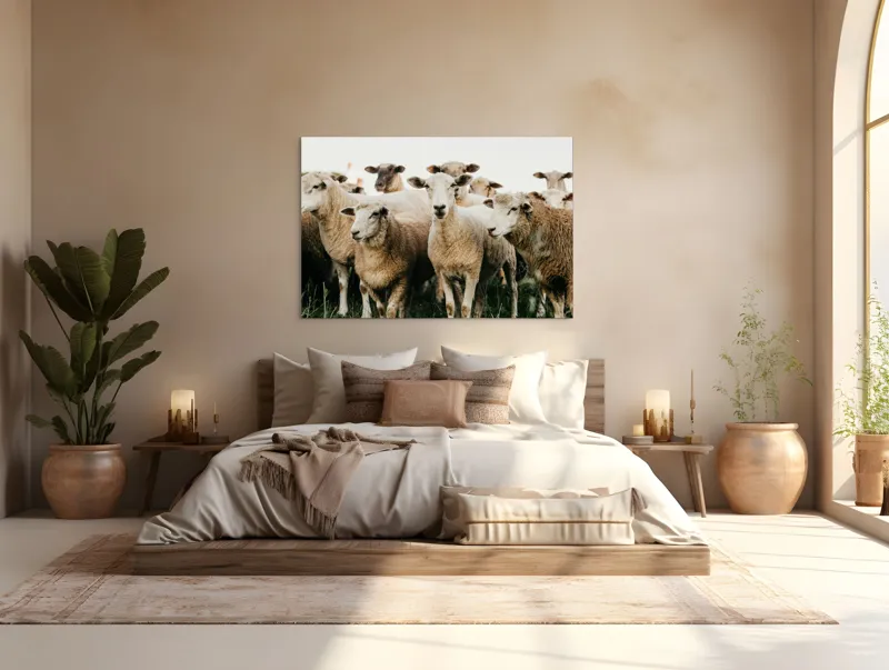Tablou Canvas, "Oile adunate în zori liniștite", Oi, Turmă, Iarbă, Blană, Apropiere, Natură, Calm, Verde, Pășune, Animale, 150 x 100 cm – poza 4