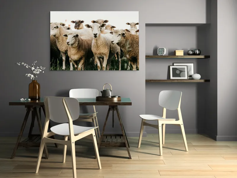 Tablou Canvas, "Oile adunate în zori liniștite", Oi, Turmă, Iarbă, Blană, Apropiere, Natură, Calm, Verde, Pășune, Animale, 150 x 100 cm – poza 5