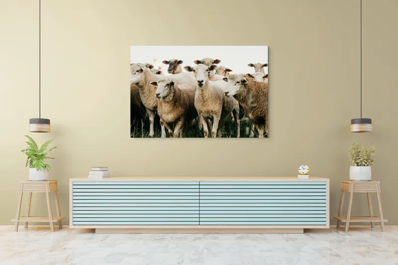 Tablou Canvas, "Oile adunate în zori liniștite", Oi, Turmă, Iarbă, Blană, Apropiere, Natură, Calm, Verde, Pășune, Animale, 150 x 100 cm – poza 6