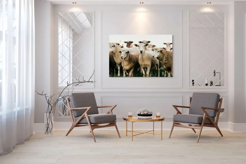 Tablou Canvas, "Oile adunate în zori liniștite", Oi, Turmă, Iarbă, Blană, Apropiere, Natură, Calm, Verde, Pășune, Animale, 150 x 100 cm – poza 7