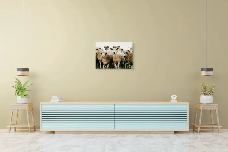 Tablou Canvas, "Oile adunate în zori liniștite", Oi, Turmă, Iarbă, Blană, Apropiere, Natură, Calm, Verde, Pășune, Animale, 70 x 50 cm – poza 7