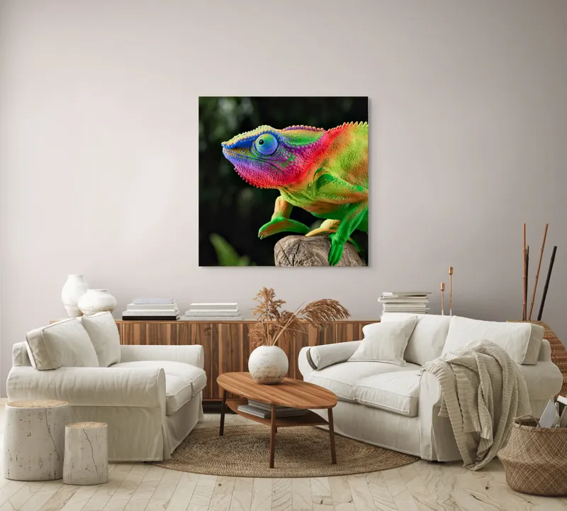 Tablou Canvas, "Cameleonul în culori vibrante ale junglei", Cameleon, Colorat, Texturat, Exotic, Vibrant, Fascinant, Natură, Reptilă, Transformare, Adaptabilitate, 100 x 100 cm – poza 3