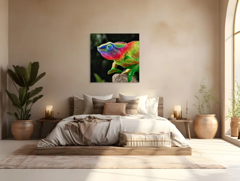 Tablou Canvas, "Cameleonul în culori vibrante ale junglei", Cameleon, Colorat, Texturat, Exotic, Vibrant, Fascinant, Natură, Reptilă, Transformare, Adaptabilitate, 100 x 100 cm – poza 4