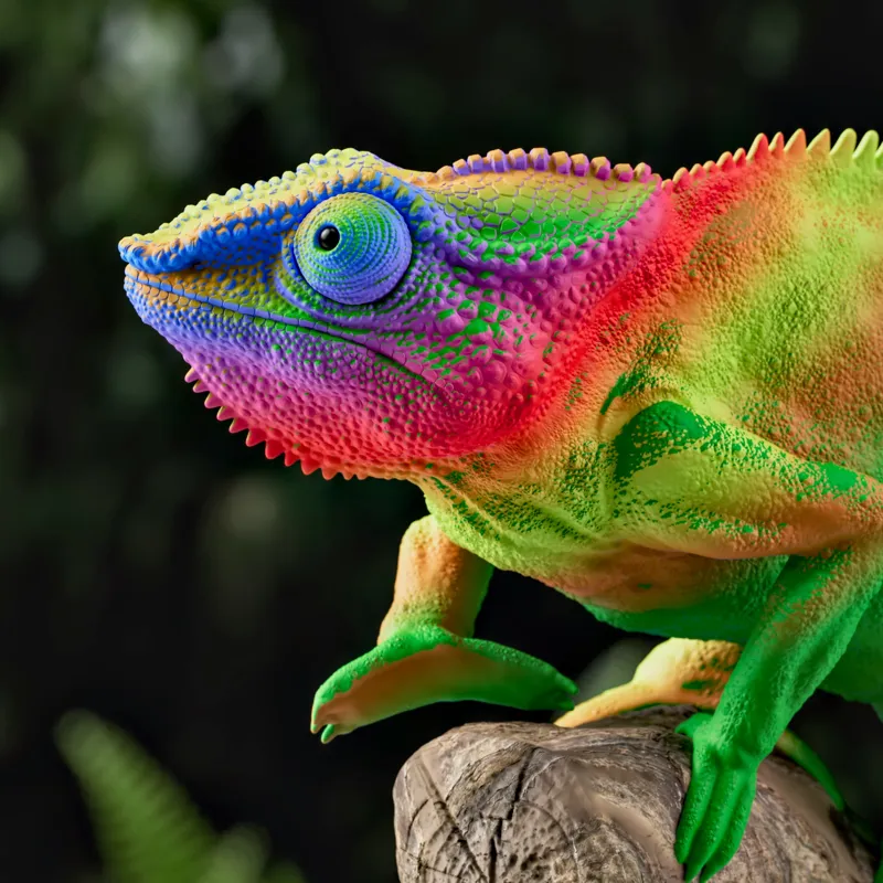 Tablou Canvas, "Cameleonul în culori vibrante ale junglei", Cameleon, Colorat, Texturat, Exotic, Vibrant, Fascinant, Natură, Reptilă, Transformare, Adaptabilitate, 100 x 100 cm – poza 2