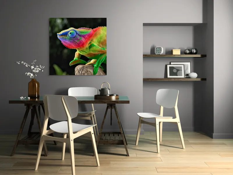 Tablou Canvas, "Cameleonul în culori vibrante ale junglei", Cameleon, Colorat, Texturat, Exotic, Vibrant, Fascinant, Natură, Reptilă, Transformare, Adaptabilitate, 100 x 100 cm – poza 6
