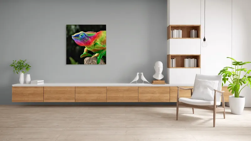 Tablou Canvas, "Cameleonul în culori vibrante ale junglei", Cameleon, Colorat, Texturat, Exotic, Vibrant, Fascinant, Natură, Reptilă, Transformare, Adaptabilitate, 100 x 100 cm – poza 8