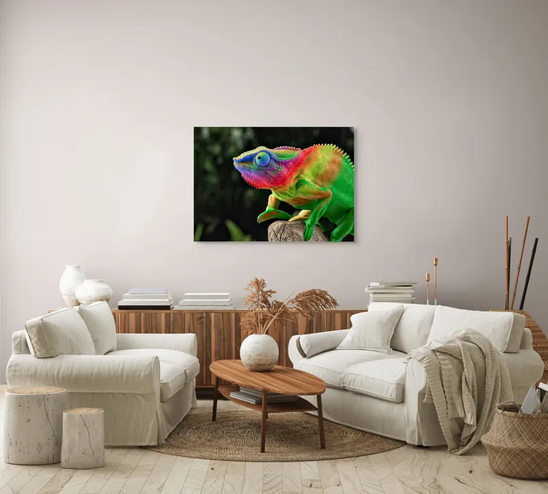 Tablou Canvas, "Cameleonul în culori vibrante ale junglei", Cameleon, Colorat, Texturat, Exotic, Vibrant, Fascinant, Natură, Reptilă, Transformare, Adaptabilitate, 100 x 70 cm – poza 3