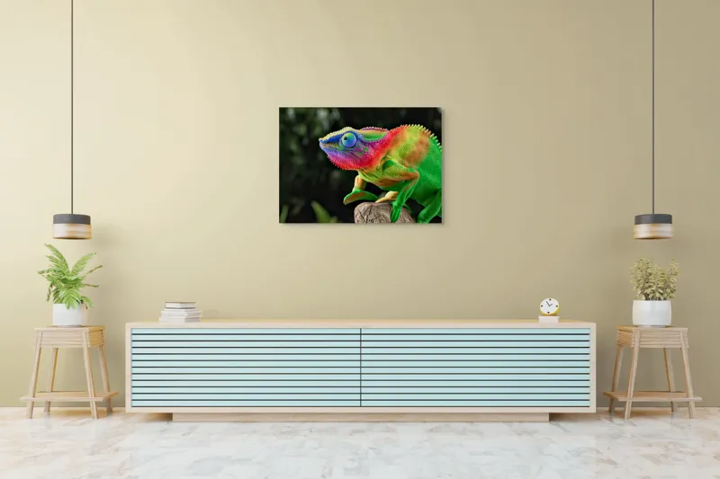 Tablou Canvas, "Cameleonul în culori vibrante ale junglei", Cameleon, Colorat, Texturat, Exotic, Vibrant, Fascinant, Natură, Reptilă, Transformare, Adaptabilitate, 100 x 70 cm – poza 4