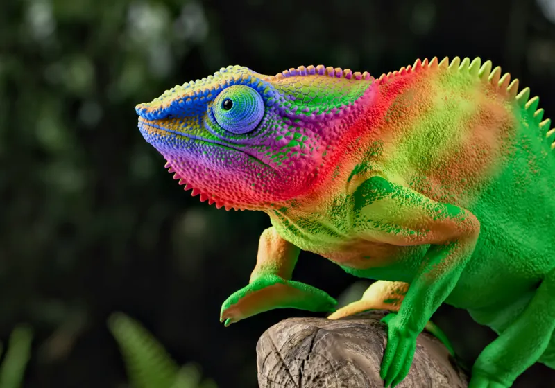Tablou Canvas, "Cameleonul în culori vibrante ale junglei", Cameleon, Colorat, Texturat, Exotic, Vibrant, Fascinant, Natură, Reptilă, Transformare, Adaptabilitate, 100 x 70 cm – poza 2