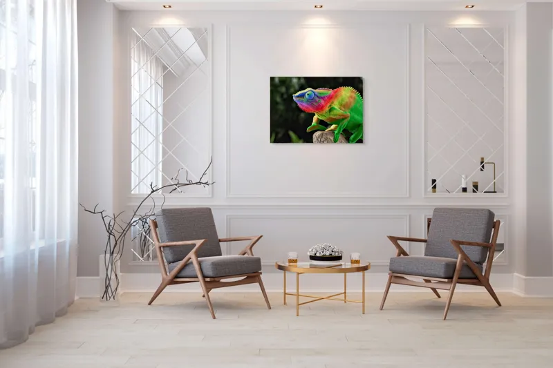 Tablou Canvas, "Cameleonul în culori vibrante ale junglei", Cameleon, Colorat, Texturat, Exotic, Vibrant, Fascinant, Natură, Reptilă, Transformare, Adaptabilitate, 100 x 70 cm – poza 5