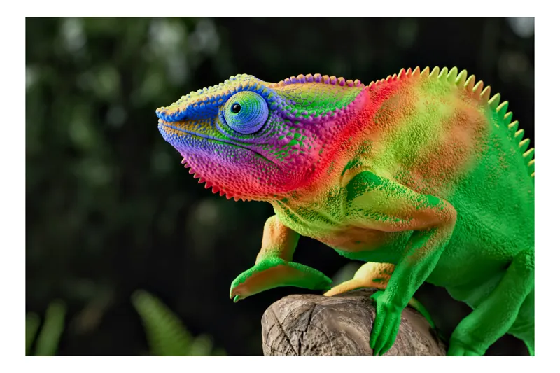 Tablou Canvas, "Cameleonul în culori vibrante ale junglei", Cameleon, Colorat, Texturat, Exotic, Vibrant, Fascinant, Natură, Reptilă, Transformare, Adaptabilitate, 50 x 50 cm