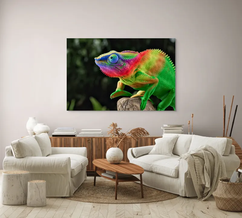 Tablou Canvas, "Cameleonul în culori vibrante ale junglei", Cameleon, Colorat, Texturat, Exotic, Vibrant, Fascinant, Natură, Reptilă, Transformare, Adaptabilitate, 150 x 100 cm – poza 3
