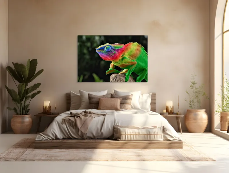 Tablou Canvas, "Cameleonul în culori vibrante ale junglei", Cameleon, Colorat, Texturat, Exotic, Vibrant, Fascinant, Natură, Reptilă, Transformare, Adaptabilitate, 150 x 100 cm – poza 4