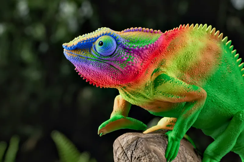 Tablou Canvas, "Cameleonul în culori vibrante ale junglei", Cameleon, Colorat, Texturat, Exotic, Vibrant, Fascinant, Natură, Reptilă, Transformare, Adaptabilitate, 150 x 100 cm – poza 2