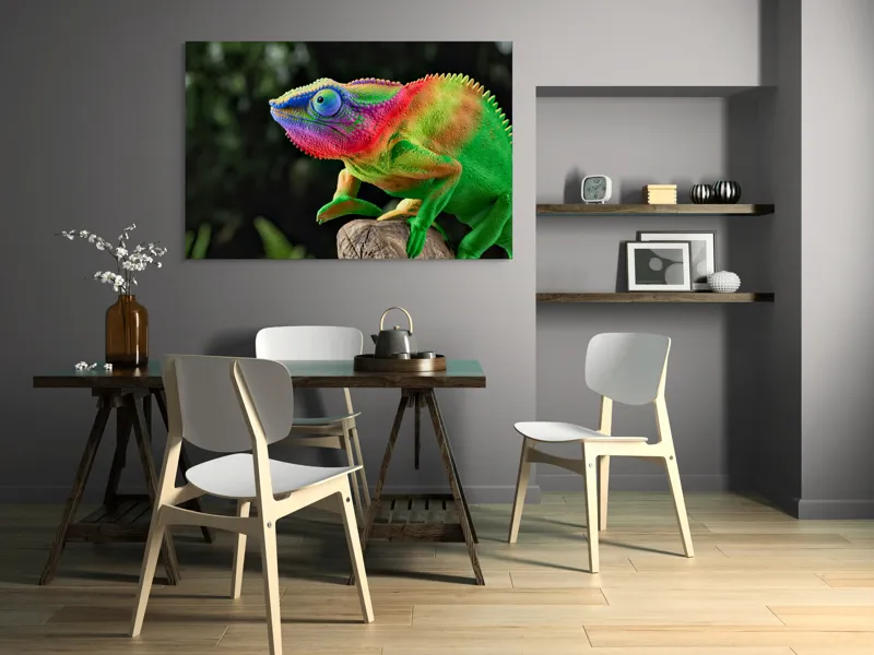 Tablou Canvas, "Cameleonul în culori vibrante ale junglei", Cameleon, Colorat, Texturat, Exotic, Vibrant, Fascinant, Natură, Reptilă, Transformare, Adaptabilitate, 150 x 100 cm – poza 5