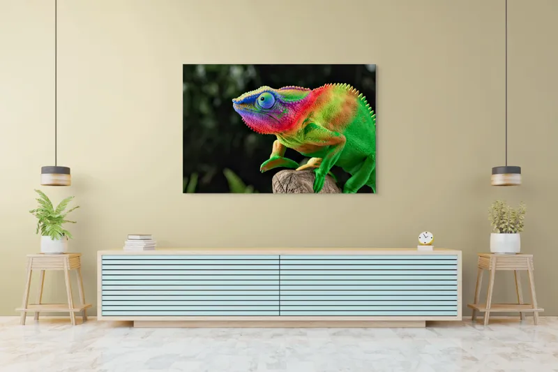 Tablou Canvas, "Cameleonul în culori vibrante ale junglei", Cameleon, Colorat, Texturat, Exotic, Vibrant, Fascinant, Natură, Reptilă, Transformare, Adaptabilitate, 150 x 100 cm – poza 6