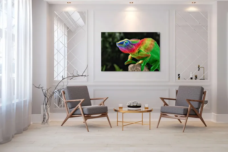 Tablou Canvas, "Cameleonul în culori vibrante ale junglei", Cameleon, Colorat, Texturat, Exotic, Vibrant, Fascinant, Natură, Reptilă, Transformare, Adaptabilitate, 150 x 100 cm – poza 7