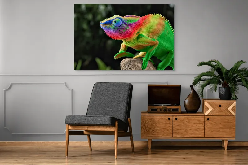 Tablou Canvas, "Cameleonul în culori vibrante ale junglei", Cameleon, Colorat, Texturat, Exotic, Vibrant, Fascinant, Natură, Reptilă, Transformare, Adaptabilitate, 150 x 100 cm – poza 8