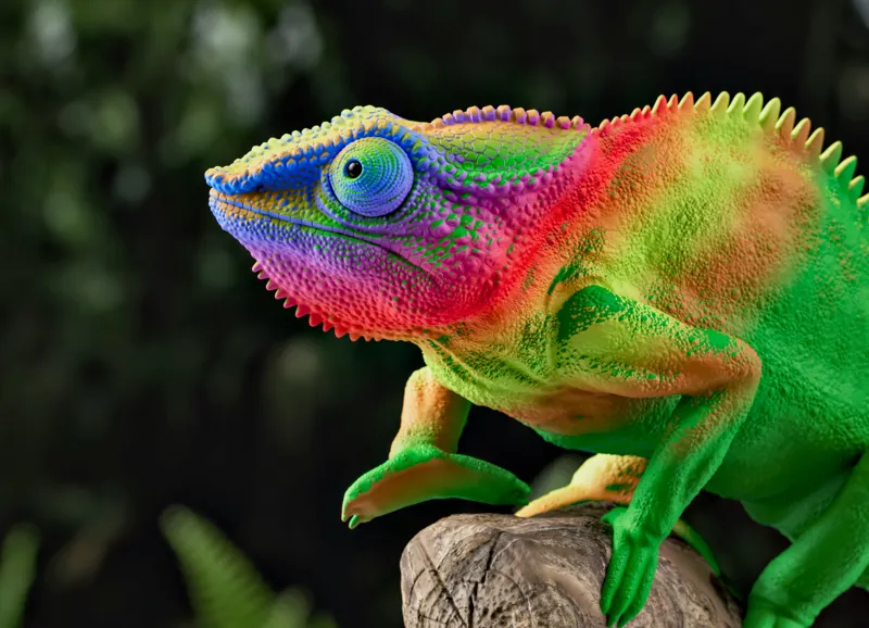 Tablou Canvas, "Cameleonul în culori vibrante ale junglei", Cameleon, Colorat, Texturat, Exotic, Vibrant, Fascinant, Natură, Reptilă, Transformare, Adaptabilitate, 54 x 39 cm – poza 2