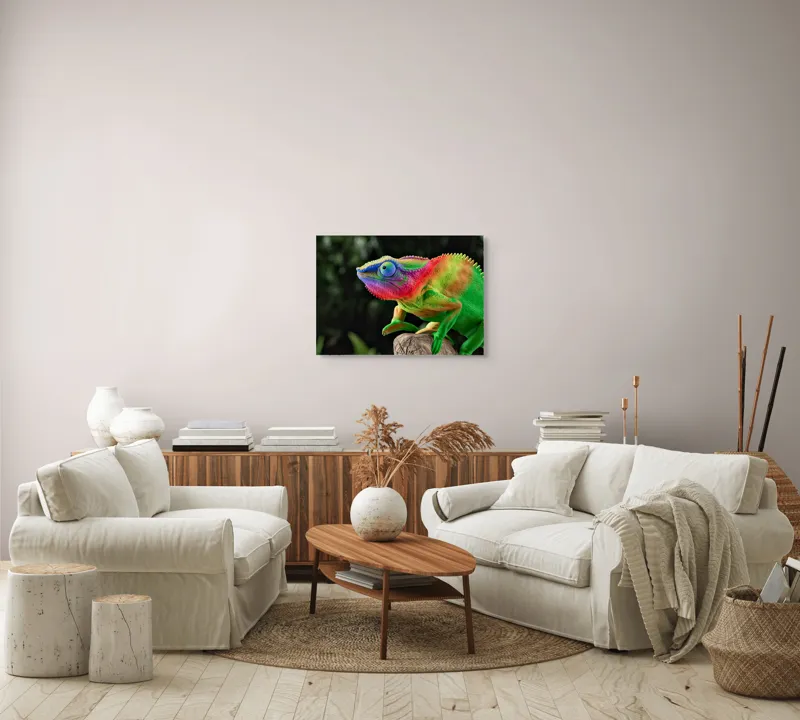 Tablou Canvas, "Cameleonul în culori vibrante ale junglei", Cameleon, Colorat, Texturat, Exotic, Vibrant, Fascinant, Natură, Reptilă, Transformare, Adaptabilitate, 70 x 50 cm – poza 6