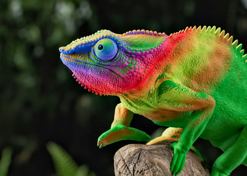 Tablou Canvas, "Cameleonul în culori vibrante ale junglei", Cameleon, Colorat, Texturat, Exotic, Vibrant, Fascinant, Natură, Reptilă, Transformare, Adaptabilitate, 70 x 50 cm – poza 2