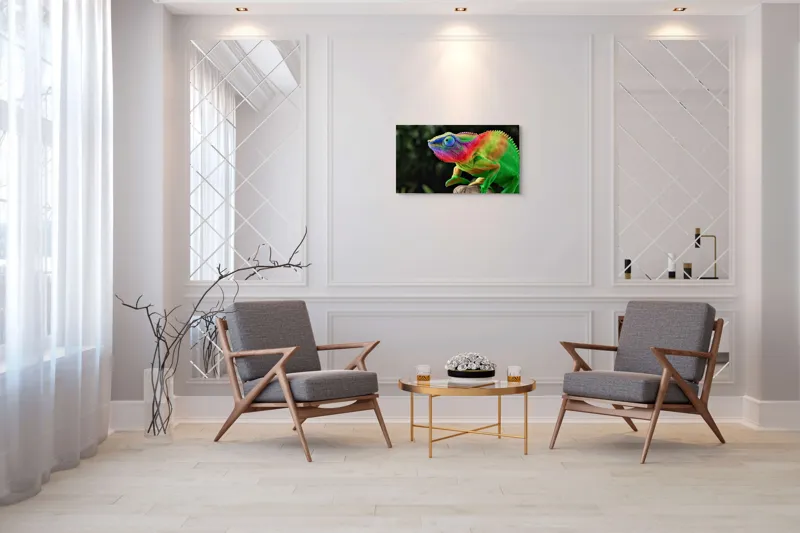 Tablou Canvas, "Cameleonul în culori vibrante ale junglei", Cameleon, Colorat, Texturat, Exotic, Vibrant, Fascinant, Natură, Reptilă, Transformare, Adaptabilitate, 90 x 50 cm – poza 7