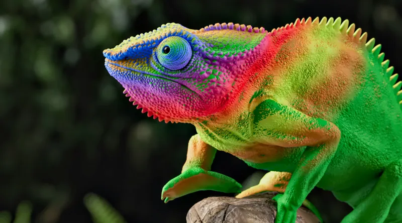 Tablou Canvas, "Cameleonul în culori vibrante ale junglei", Cameleon, Colorat, Texturat, Exotic, Vibrant, Fascinant, Natură, Reptilă, Transformare, Adaptabilitate, 90 x 50 cm – poza 2