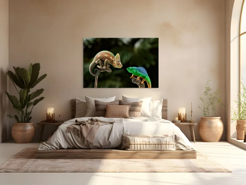 Tablou Canvas, "Cameleonii în dialog subtil cromatic", Chameleon, Encounter, Nature, Curious, Colors, Contrast, Interaction, Exotic, Reptiles, 150 x 100 cm – poza 4