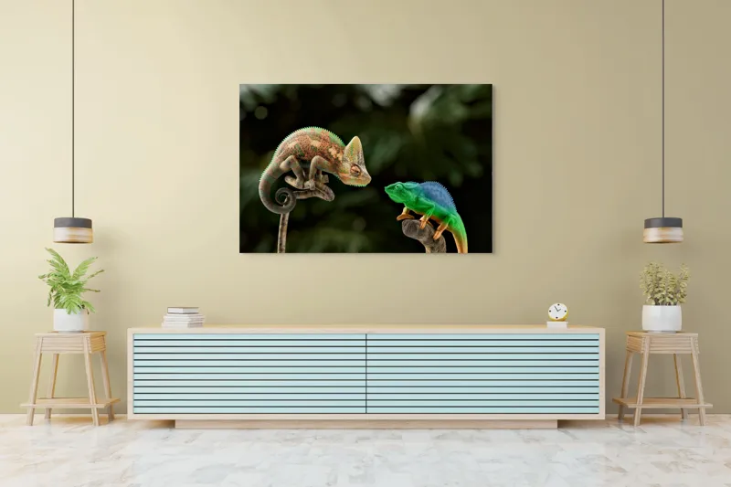 Tablou Canvas, "Cameleonii în dialog subtil cromatic", Chameleon, Encounter, Nature, Curious, Colors, Contrast, Interaction, Exotic, Reptiles, 150 x 100 cm – poza 6