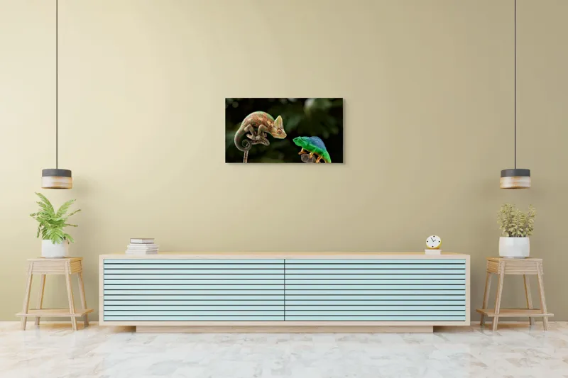Tablou Canvas, "Cameleonii în dialog subtil cromatic", Chameleon, Encounter, Nature, Curious, Colors, Contrast, Interaction, Exotic, Reptiles, 90 x 50 cm – poza 5