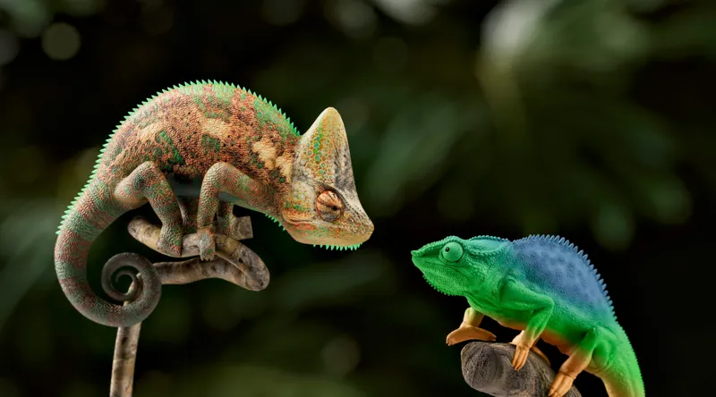 Tablou Canvas, "Cameleonii în dialog subtil cromatic", Chameleon, Encounter, Nature, Curious, Colors, Contrast, Interaction, Exotic, Reptiles, 90 x 50 cm – poza 2