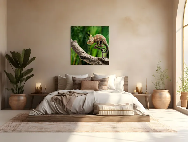 Tablou Canvas, "Cameleon odihnindu-se pe o creangă", Cameleon, Ramură, Verde, Textură, Natură, Piele, Ochi, Fundal, Frunze, Camuflaj, 100 x 100 cm – poza 4