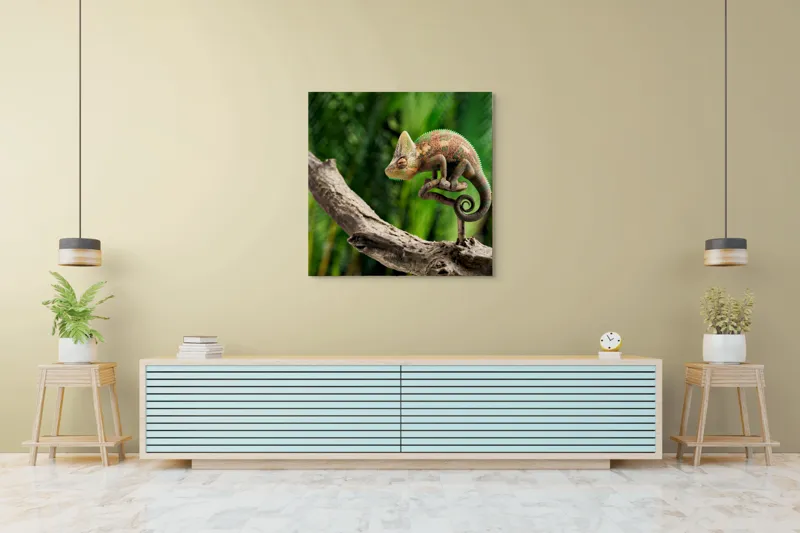 Tablou Canvas, "Cameleon odihnindu-se pe o creangă", Cameleon, Ramură, Verde, Textură, Natură, Piele, Ochi, Fundal, Frunze, Camuflaj, 100 x 100 cm – poza 5
