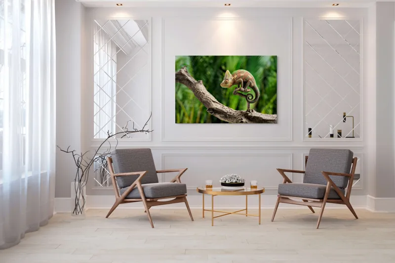 Tablou Canvas, "Cameleon odihnindu-se pe o creangă", Cameleon, Ramură, Verde, Textură, Natură, Piele, Ochi, Fundal, Frunze, Camuflaj, 150 x 100 cm – poza 7