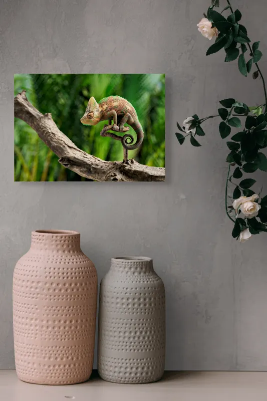 Tablou Canvas, "Cameleon odihnindu-se pe o creangă", Cameleon, Ramură, Verde, Textură, Natură, Piele, Ochi, Fundal, Frunze, Camuflaj, 54 x 39 cm – poza 8