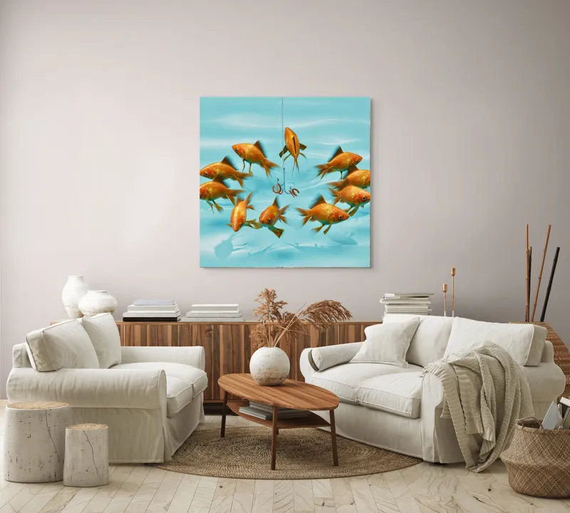 Tablou Canvas, "Dansul peștilor în jurul cârligului", Pești, Momeală, Cârlig, Apă, Reflecție, Cerc, Înotătoare, Aurii, Albastru, Iluzie, 100 x 100 cm – poza 3
