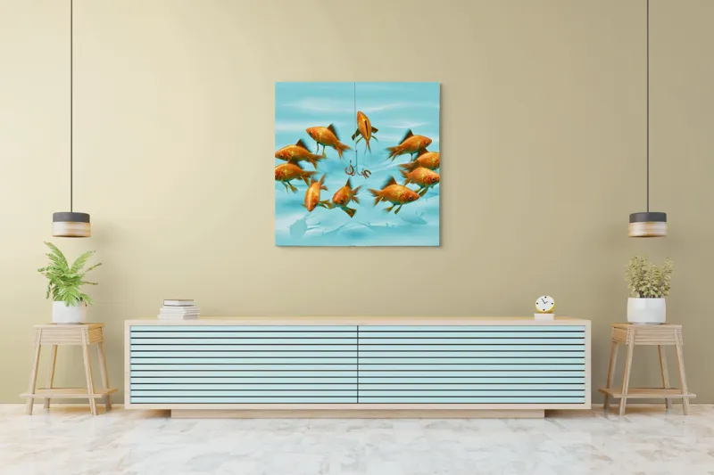 Tablou Canvas, "Dansul peștilor în jurul cârligului", Pești, Momeală, Cârlig, Apă, Reflecție, Cerc, Înotătoare, Aurii, Albastru, Iluzie, 100 x 100 cm – poza 5