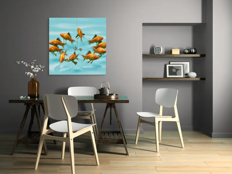 Tablou Canvas, "Dansul peștilor în jurul cârligului", Pești, Momeală, Cârlig, Apă, Reflecție, Cerc, Înotătoare, Aurii, Albastru, Iluzie, 100 x 100 cm – poza 6