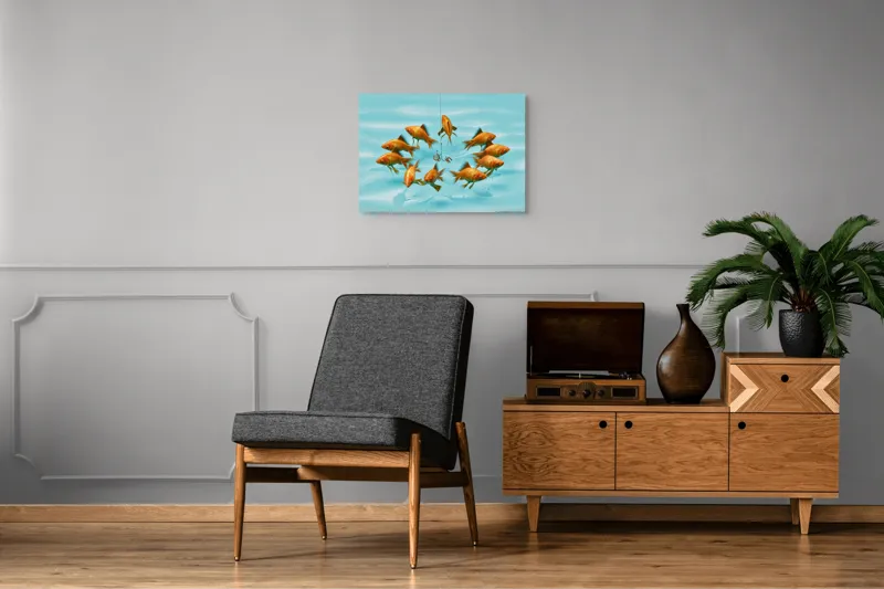 Tablou Canvas, "Dansul peștilor în jurul cârligului", Pești, Momeală, Cârlig, Apă, Reflecție, Cerc, Înotătoare, Aurii, Albastru, Iluzie, 70 x 50 cm – poza 4