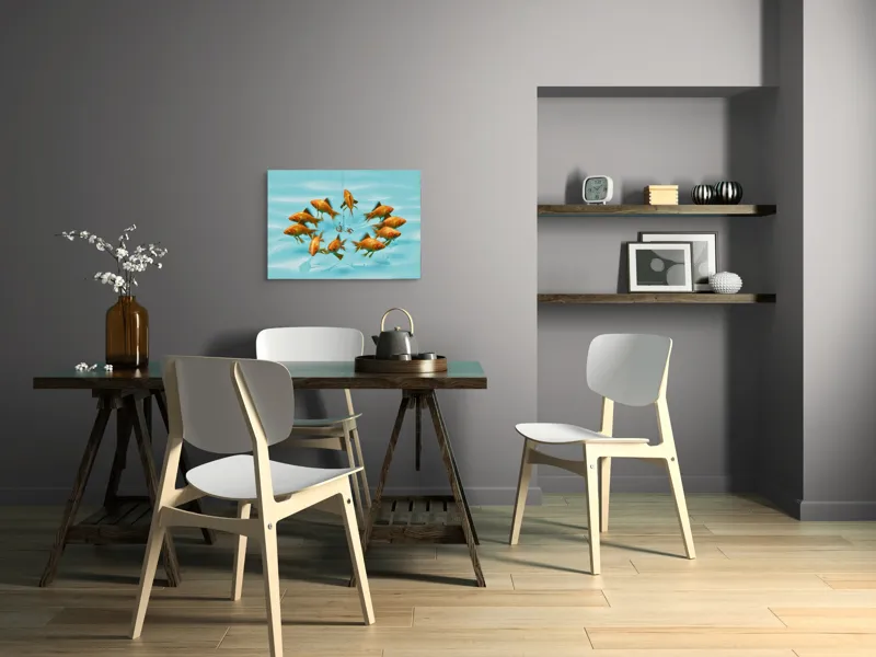 Tablou Canvas, "Dansul peștilor în jurul cârligului", Pești, Momeală, Cârlig, Apă, Reflecție, Cerc, Înotătoare, Aurii, Albastru, Iluzie, 70 x 50 cm – poza 5