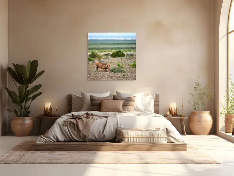 Tablou Canvas, "Mistret rătăcitor în savana africană", Mist, Pășune, Warthog, Vegetație, Serenitate, Orizont, Liniște, 100 x 100 cm – poza 4