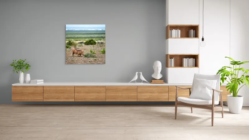 Tablou Canvas, "Mistret rătăcitor în savana africană", Mist, Pășune, Warthog, Vegetație, Serenitate, Orizont, Liniște, 100 x 100 cm – poza 8