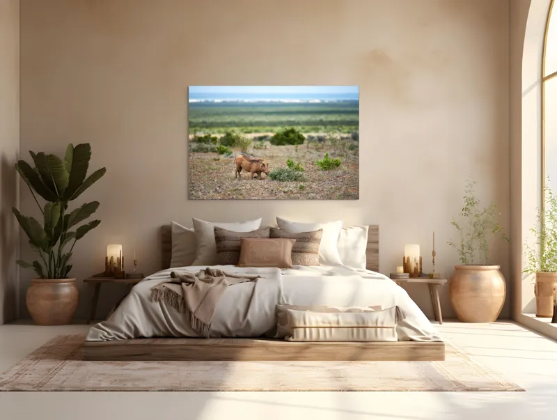 Tablou Canvas, "Mistret rătăcitor în savana africană", Mist, Pășune, Warthog, Vegetație, Serenitate, Orizont, Liniște, 150 x 100 cm – poza 4