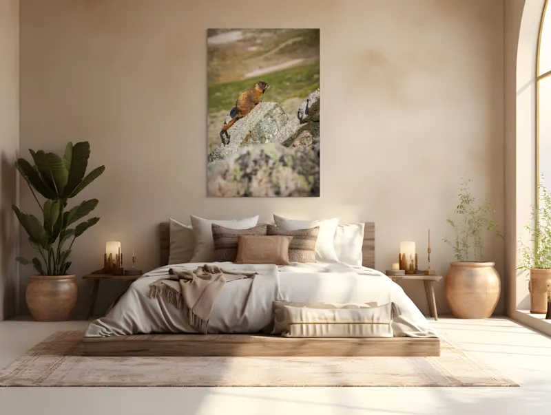 Tablou Canvas, "Marmota pe stânci sub soarele verii", Marmotă, Stâncă, Natură, Alpin, Cer, Verde, Maro, Izolare, Liniște, Serenitate, 100 x 150 cm – poza 3