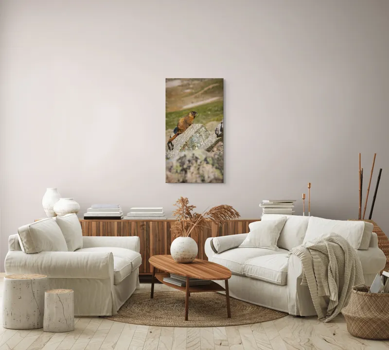 Tablou Canvas, "Marmota pe stânci sub soarele verii", Marmotă, Stâncă, Natură, Alpin, Cer, Verde, Maro, Izolare, Liniște, Serenitate, 50 x 90 cm – poza 7