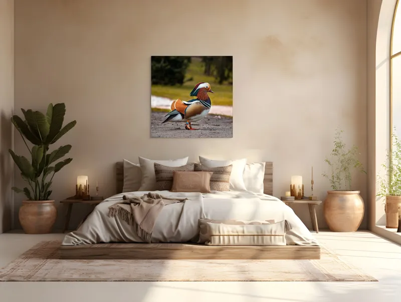 Tablou Canvas, "Rață mandarină în splendoarea ei", Rățușcă, Colorată, Elegantă, Peisaj, Natură, Armonie, Pădure, Libertate, 100 x 100 cm – poza 4