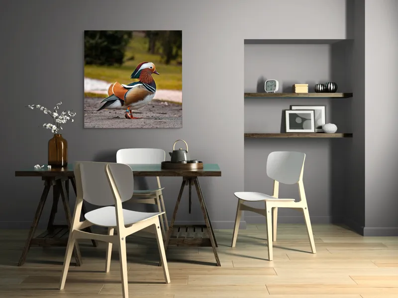 Tablou Canvas, "Rață mandarină în splendoarea ei", Rățușcă, Colorată, Elegantă, Peisaj, Natură, Armonie, Pădure, Libertate, 100 x 100 cm – poza 6