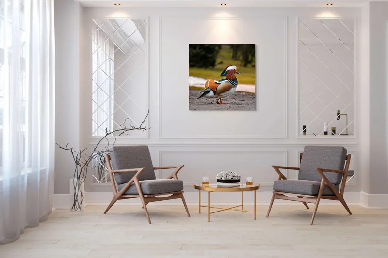 Tablou Canvas, "Rață mandarină în splendoarea ei", Rățușcă, Colorată, Elegantă, Peisaj, Natură, Armonie, Pădure, Libertate, 100 x 100 cm – poza 7