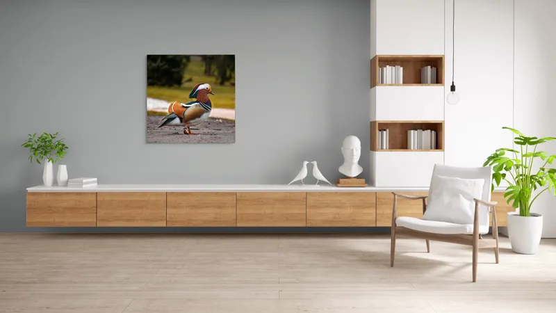 Tablou Canvas, "Rață mandarină în splendoarea ei", Rățușcă, Colorată, Elegantă, Peisaj, Natură, Armonie, Pădure, Libertate, 100 x 100 cm – poza 8
