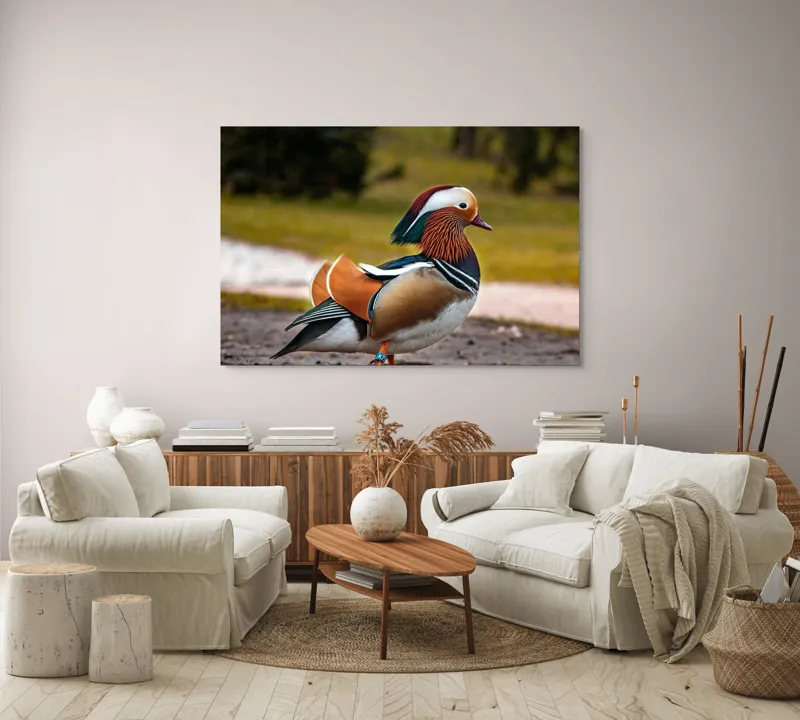 Tablou Canvas, "Rață mandarină în splendoarea ei", Rățușcă, Colorată, Elegantă, Peisaj, Natură, Armonie, Pădure, Libertate, 150 x 100 cm – poza 3